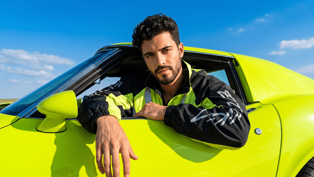 Luxury Fashion Portrait with Neon Vintage Sports Car Prompt - Gemini Prompt