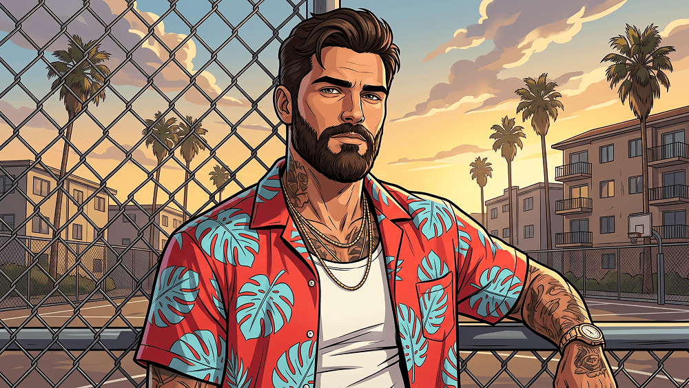 Prompt für ein von GTA inspiriertes Charakterporträt mit Hawaiihemd und Goldketten - Gemini Prompt