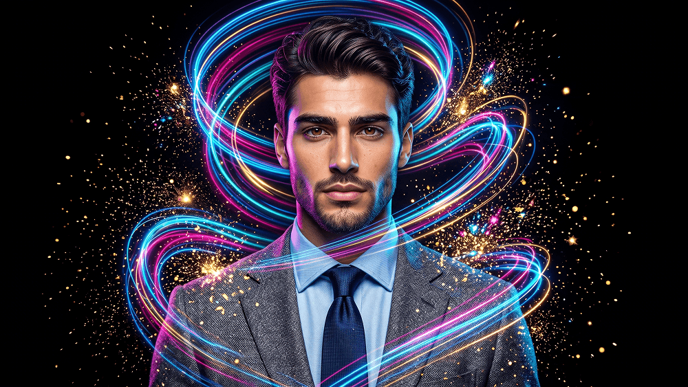 Neon Işık İzleri ve Altın Enerji Parçacıklarıyla Sinematik Portre Promptu - Gemini Prompt
