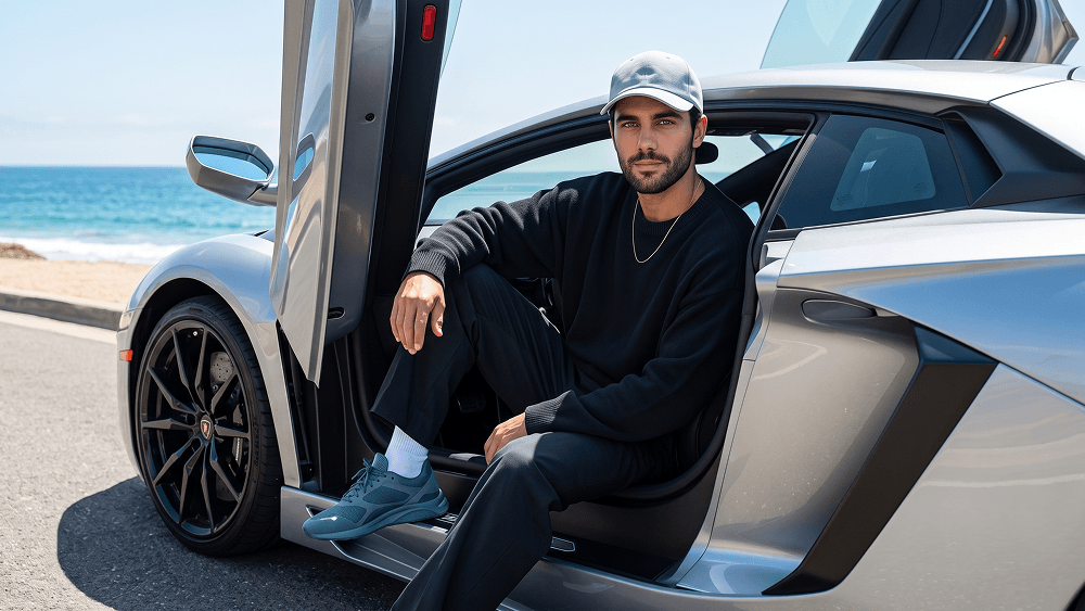 Luxury Sports Car Beachside Lifestyle Portrait with a Relaxed Fashion Look Prompt - Gemini Prompt