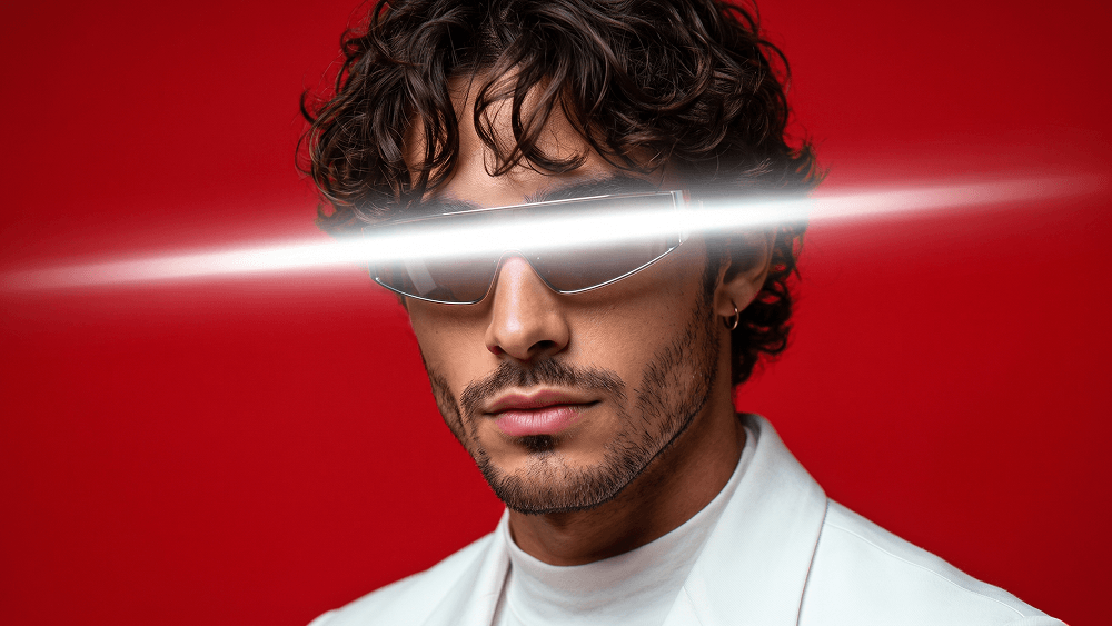 Futuristic Red Glow Editorial Portrait with Glowing Eye Beam Prompt - Gemini Prompt