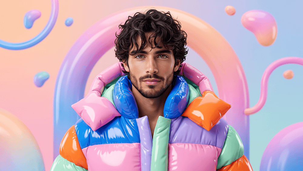 Prompt per Ritratto di Moda 3D Vivace con Forme Scultoree Lucide e Gonfiabili - Gemini Prompt