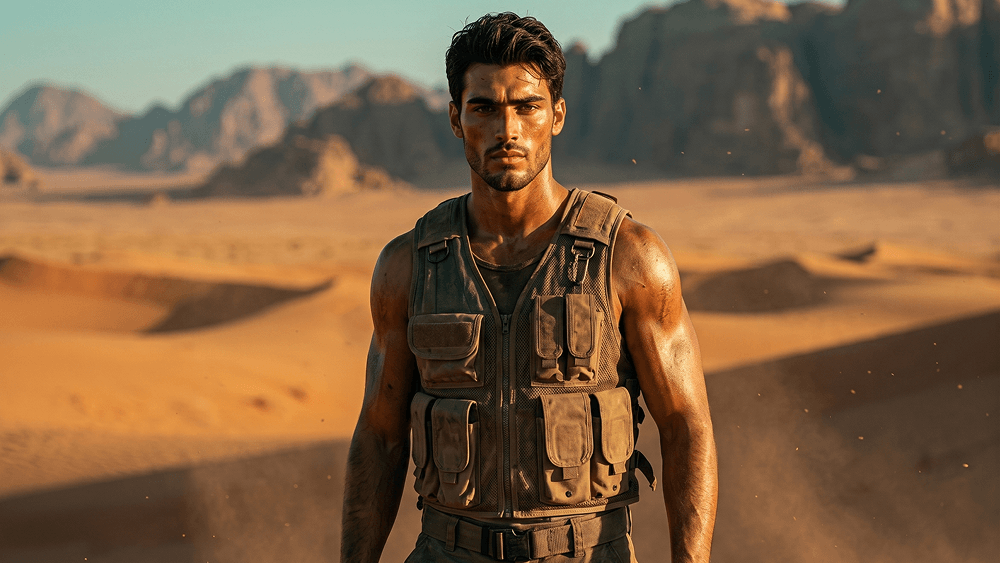 Photorealistic Action Hero Portrait in an Epic Desert Landscape Prompt - Gemini Prompt