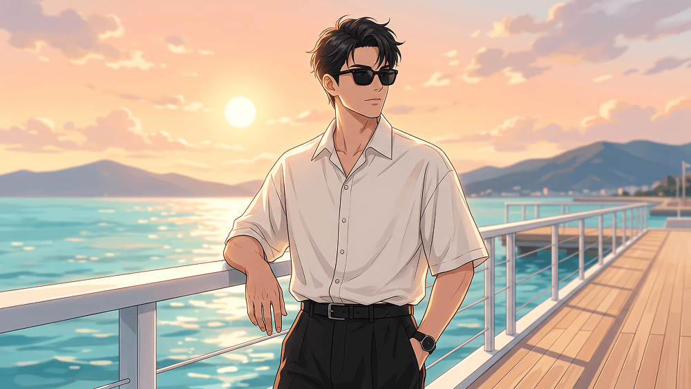 Prompt für ein cineastisches Anime-Porträt bei Sonnenuntergang im Makoto-Shinkai-Stil - Gemini Prompt