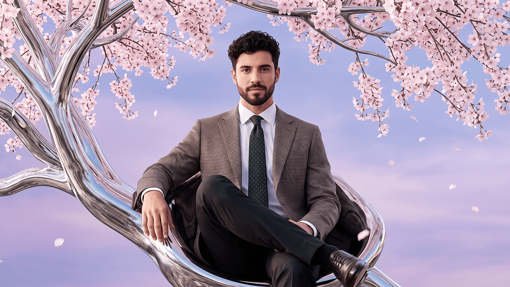 Prompt per Ritratto di Moda Surrealista di Lusso con Albero Cromato e Fiori di Ciliegio - Gemini Prompt