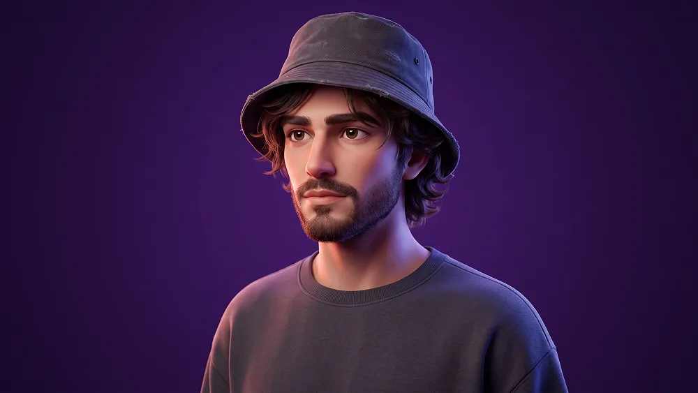 Bucket Hatli Mor Arka Planlı Çift Işıklı 3D Avatar Promptu - Nano Banana 2 Prompt