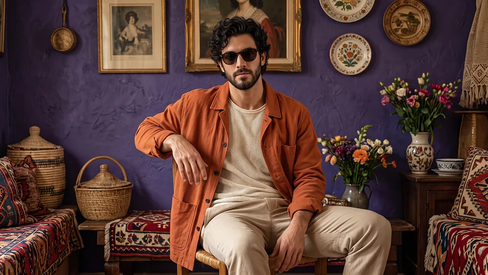 Ritratto Menswear Boho Arancio Bruciato da Foto Prompt - Gemini Prompt