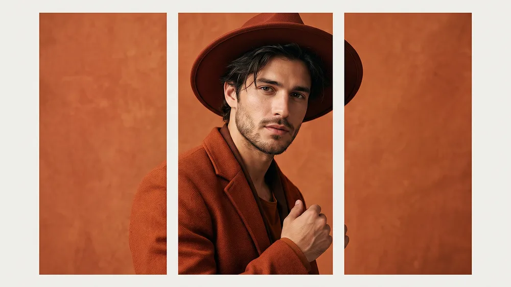 Burnt-Orange Triptychon-Modeporträt mit Western-Editorial-Styling Prompt - Gemini Prompt