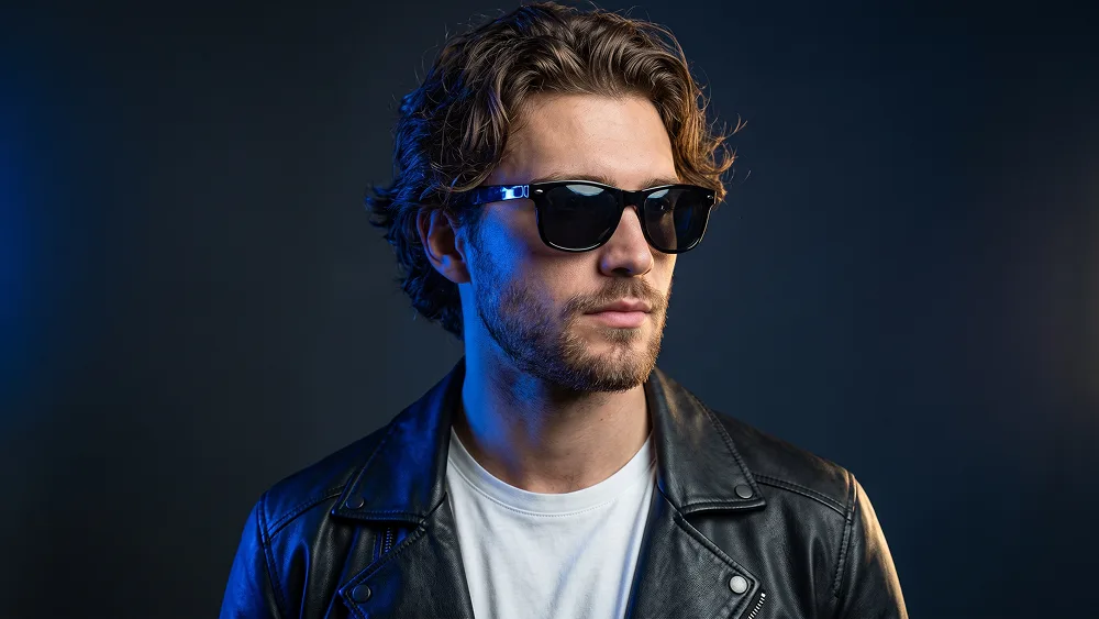 Cobalt Blue Leather Jacket Portrait With Golden Rim Light Prompt - Nano Banana 2 Prompt