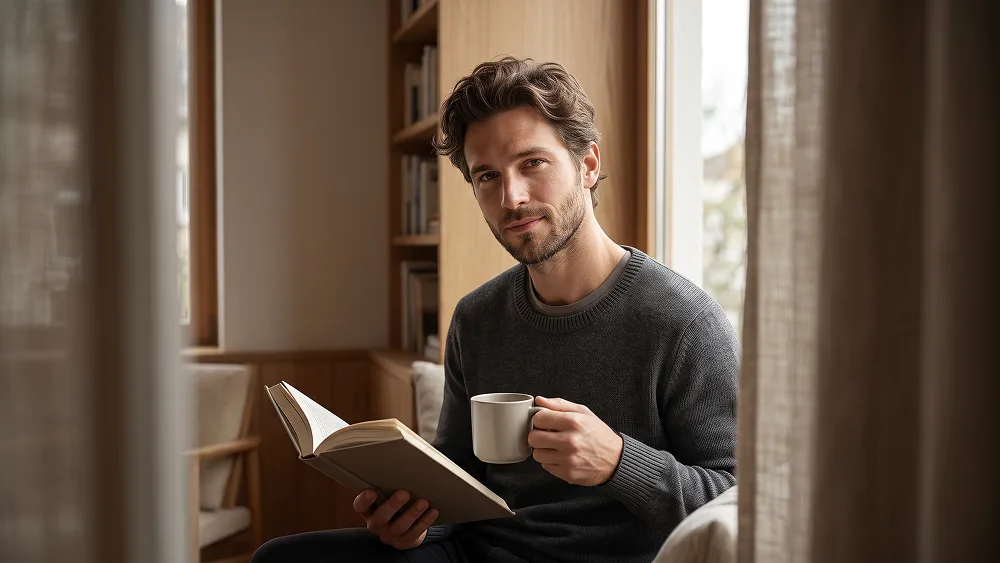 Ruhiges Fensterlese Porträt mit Kaffee Prompt - Gemini Prompt