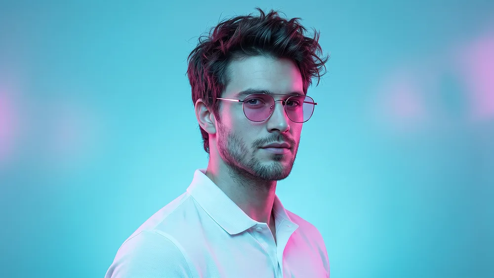 Cyan Magenta Glasses Portrait With White Polo Prompt - Google Banana Pro Prompt