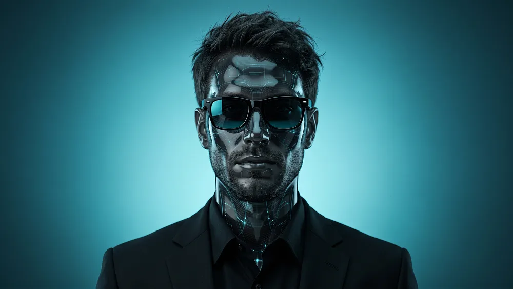 Cyan Cyber Glass Portrait With Black Sunglasses And Smoked Resin Face Prompt - Nano Banana 2 Prompt