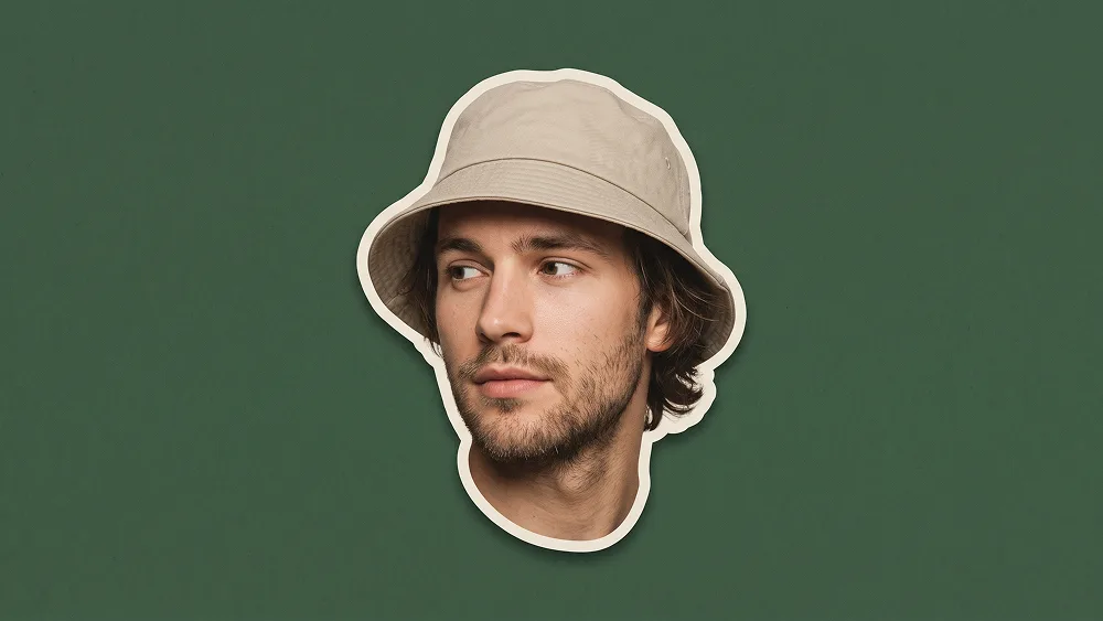 Ritratto Cutout Editoriale con Bucket Hat Verde Scuro Prompt - Gemini Prompt