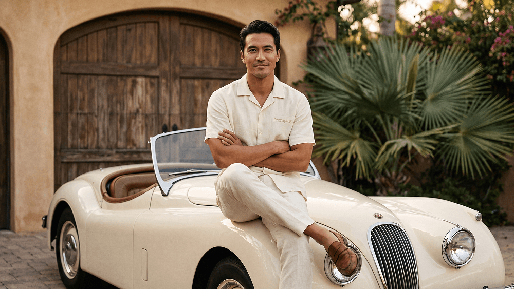 Prompt per un Ritratto Maschile di Lusso su una Cabriolet Classica - Gemini Prompt