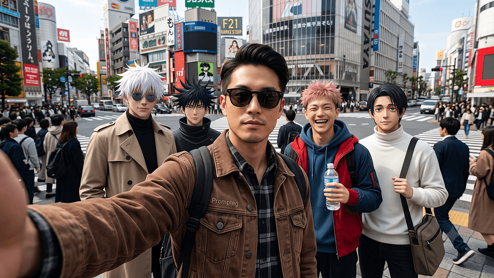 Prompt per un Selfie di Gruppo Cinematografico con i Personaggi di Jujutsu Kaisen all'Incrocio di Shibuya - Gemini Prompt