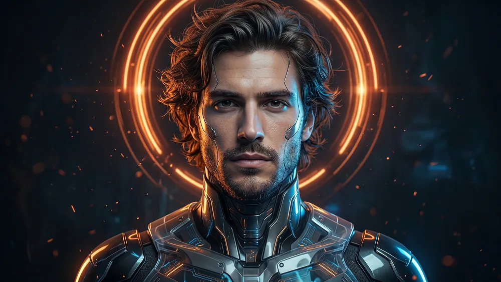 Electric Blue Android Portrait With Orange Halo Rings Prompt - Nano Banana 2.1 Prompt
