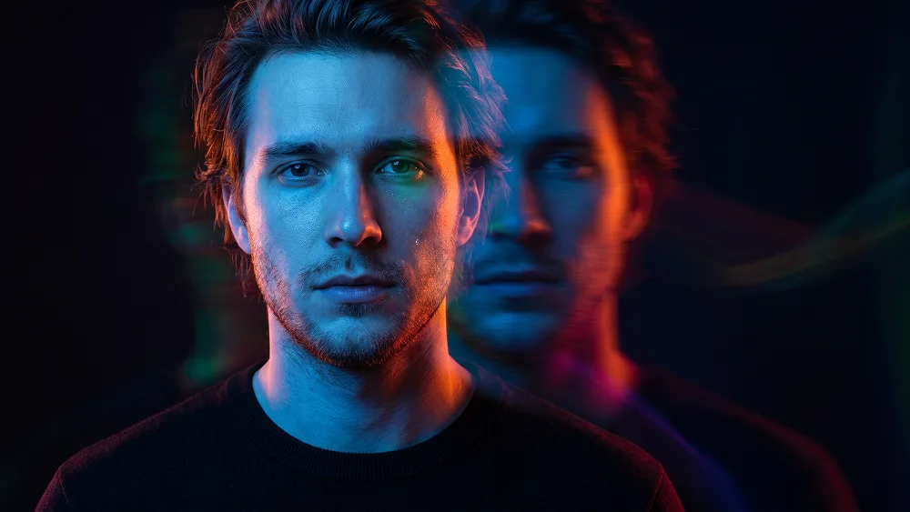 Electric Blue Double Exposure Portrait With Orange Red Glow Prompt - Nano Banana 2 Prompt