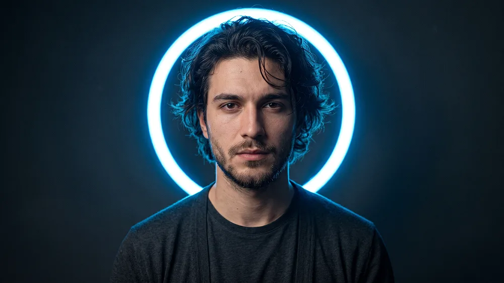 Electric Blue Halo Ring Portrait With Intense Studio Lighting Prompt - Nano Banana 2.1 Prompt
