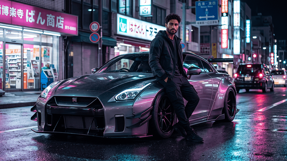Neon Tokyo'da Nissan GT-R R35 ile Sinematik Portre Promptu - Gemini Prompt