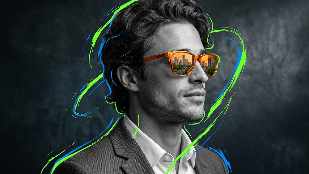 Modern Editorial Portrait with Orange Reflective Glasses Prompt - Gemini Prompt