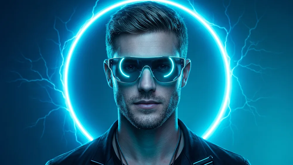 Futuristic Blue Energy Halo Editorial Portrait Prompt - Gemini Prompt