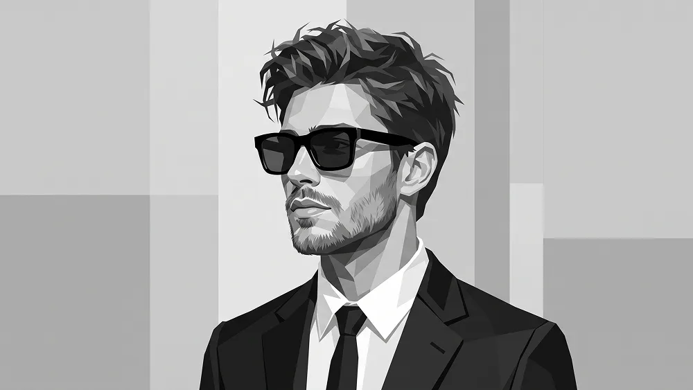 Geometrisches Graustufen-Anzugporträt mit Rechteckbrille Prompt - Google Banana Pro Prompt