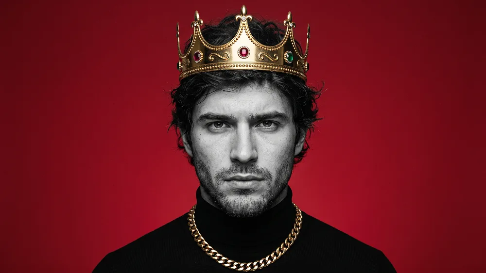 Gold Crown Monochrome King Portrait With Cuban Chain And Red Background Prompt - Gemini Prompt