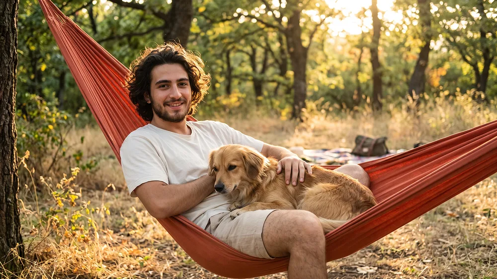 Altın Saatte Hamakta Köpekli Sıcak Park Yaşam Tarzı Portresi Promptu - Nano Banana 2 Prompt