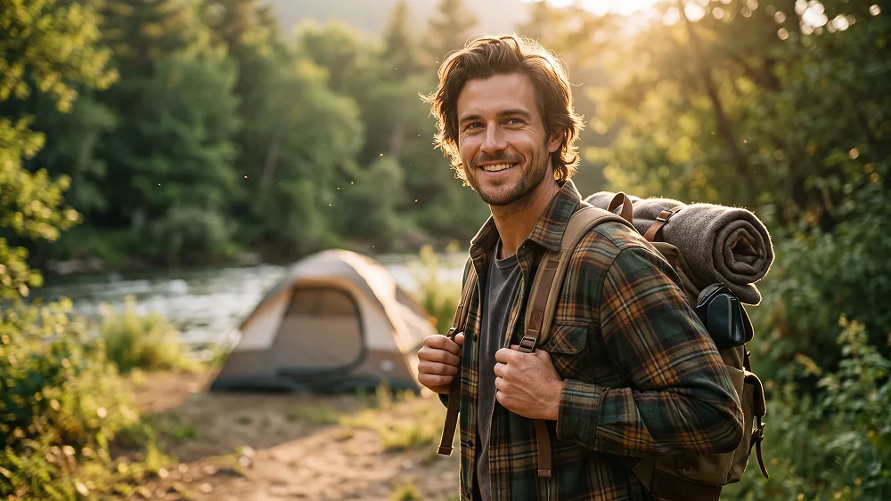Ritratto Camping sul Fiume al Tramonto con Zaino da Trekking Prompt - Nano Banana 2 Prompt
