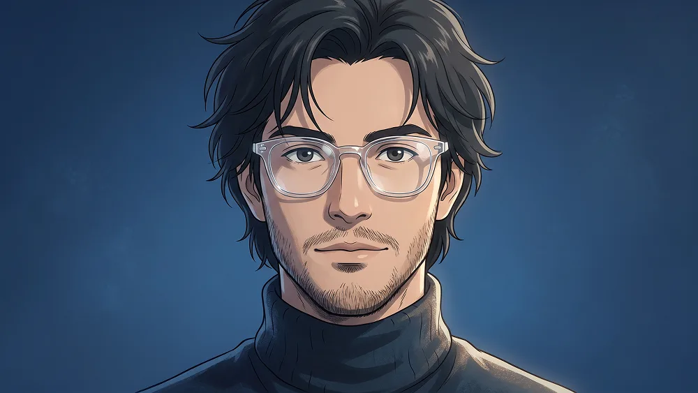 Hand Drawn Animated Portrait With Glasses And Deep Blue Background Prompt - Nano Banana 2 Prompt