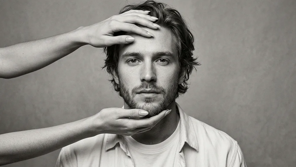 Hands Framing Face Monochrome Editorial Portrait Prompt - Gemini Prompt