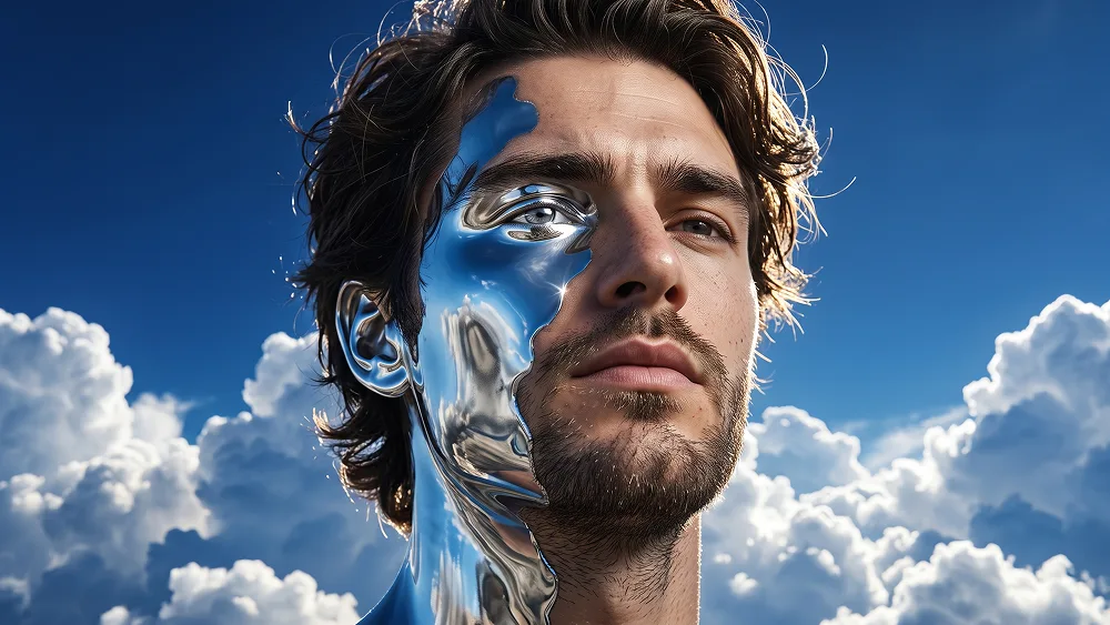 Liquid Chrome Himmelsporträt mit Wolkenreflexen Prompt - Google Banana 2.1 Prompt