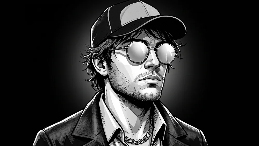 Monochromes Comic-Porträt mit Reflektierender Brille, Cap und Silberkette Prompt - Gemini Prompt