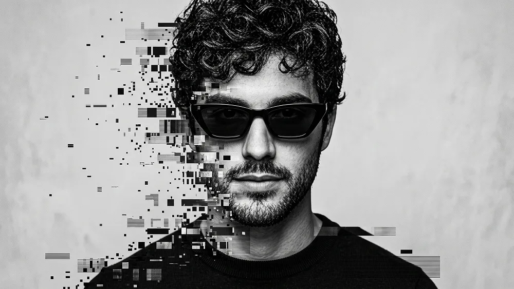 Monochrome Glitch Disintegration Portrait from Photo Prompt - Gemini Prompt
