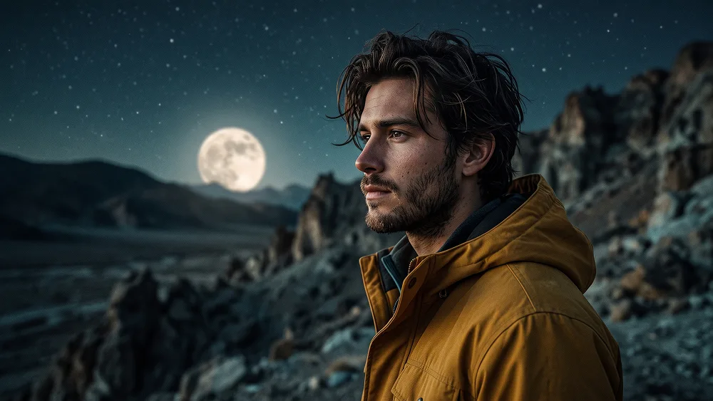 Moonlit Yellow Jacket Portrait in Lunar Landscape Prompt - Gemini Prompt