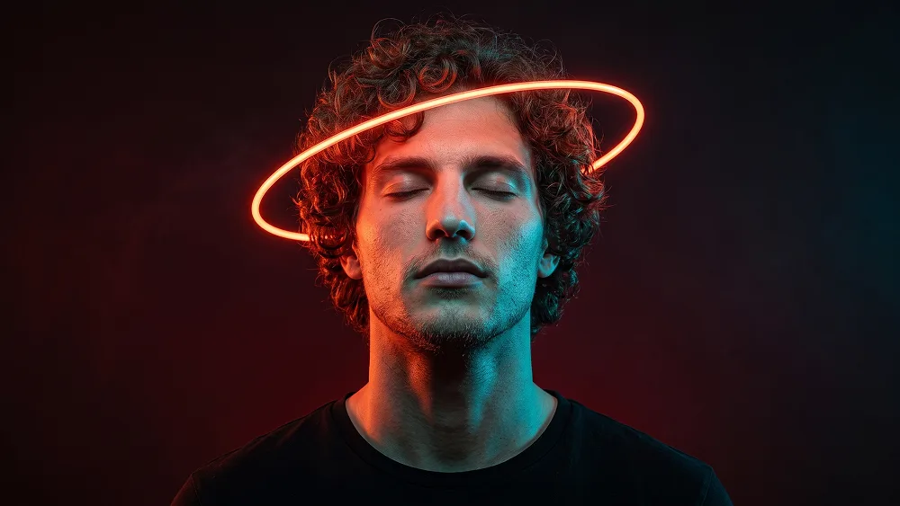 Neon Halo Ring Cinematic Porträt aus Foto Prompt - Gemini Prompt