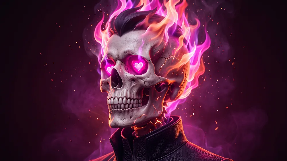 Neon Magenta Flaming Skull Portrait With Heart Shaped Eyes Prompt - Google Banana 2.1 Prompt