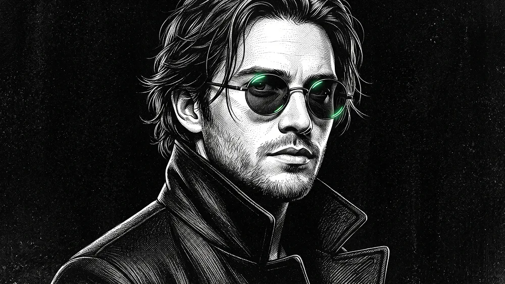 Ritratto Noir Stipple con Riflessi Neon Verdi sugli Occhiali Prompt - Nano Banana 2 Prompt