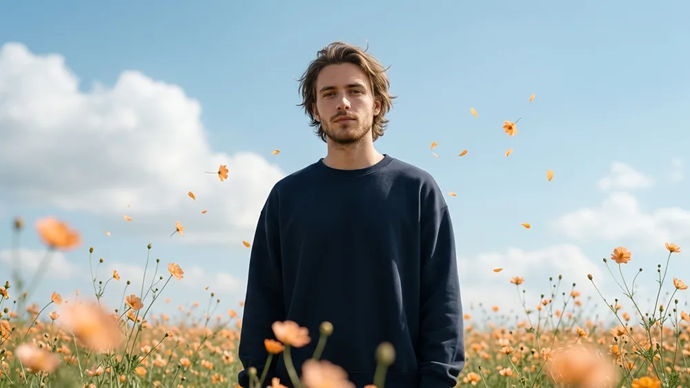 Orange Wildflower Blue Sky Editorial Portrait Prompt - Gemini Prompt