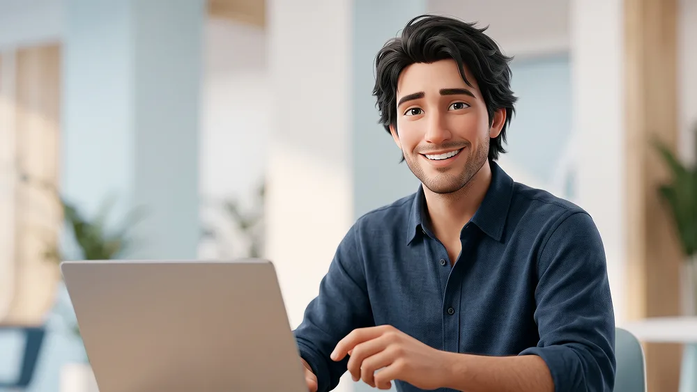 Mavi Gömlekli Parlak Gülümsemeli Profesyonel 3D Laptop Portresi Promptu - Nano Banana 2 Prompt