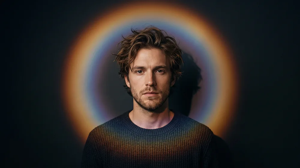 Rainbow Halo Dark Studio Editorial Portrait Prompt - Gemini Prompt