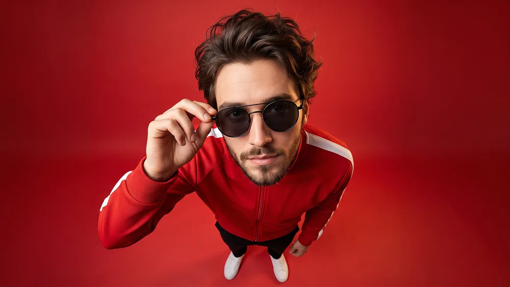 Red Fisheye Fashion Portrait With Track Jacket Prompt - Gemini Prompt