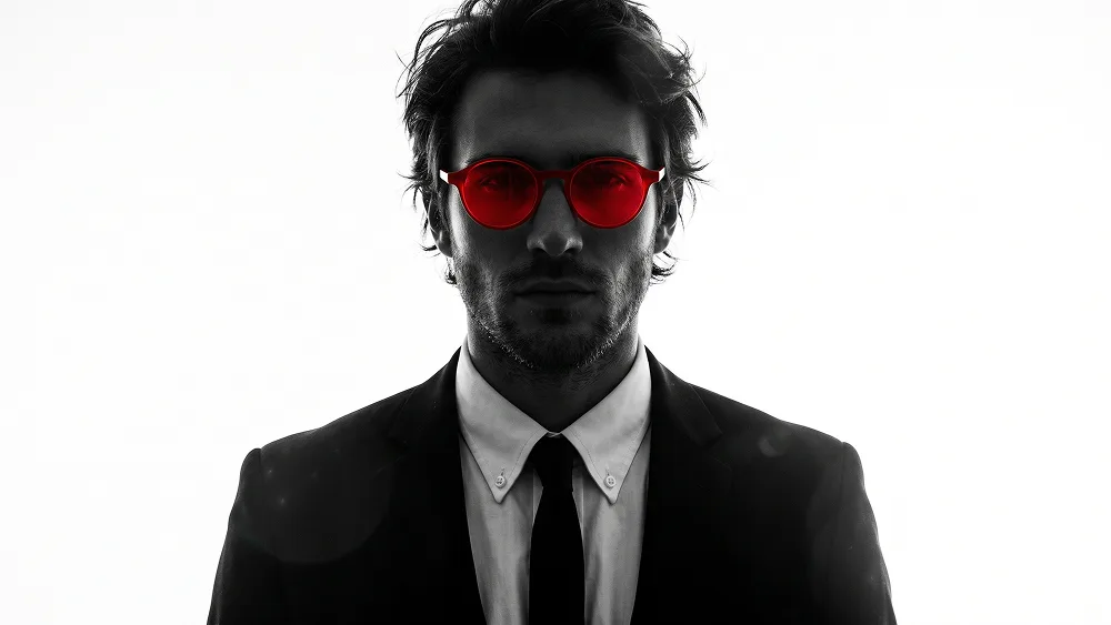 Ritratto Noir Silhouette con Occhiali Rossi e Sfondo a Onde Prompt - Nano Banana 2 Prompt