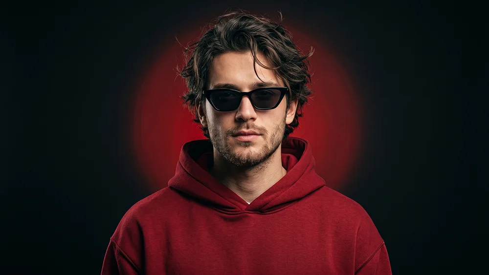 Kırmızı Hoodie Siyah Gözlük ve Halo Işıklı Moda Portresi Promptu - Gemini Prompt