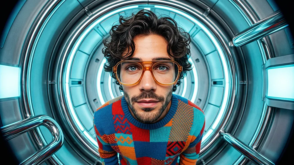 Retro-Fütüristik Fisheye Editoryal Portre Promptu - Gemini Prompt