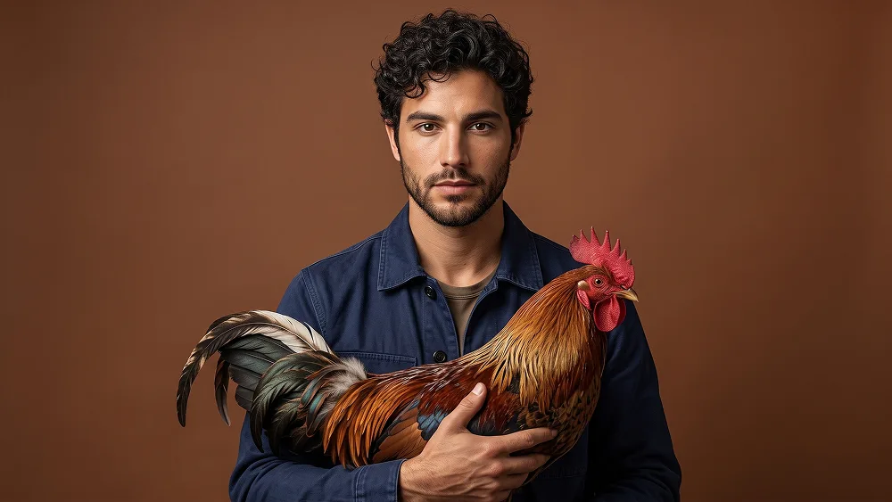 Ritratto Editoriale Rustico con Gallo da Foto Prompt - Gemini Prompt