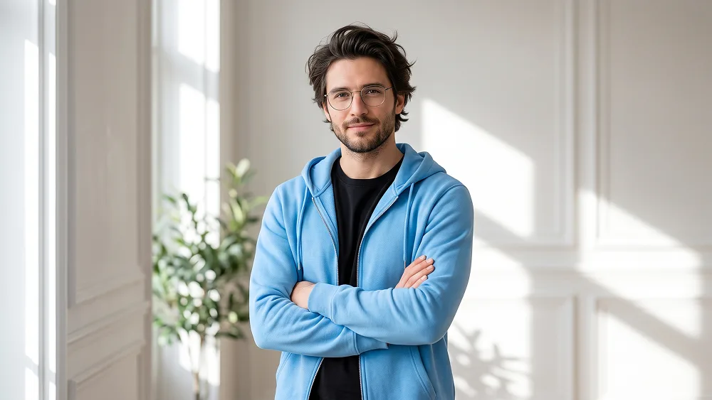 Lifestyle-Porträt mit Blauem Hoodie, Verschränkten Armen und Fensterlicht Prompt - Gemini Prompt
