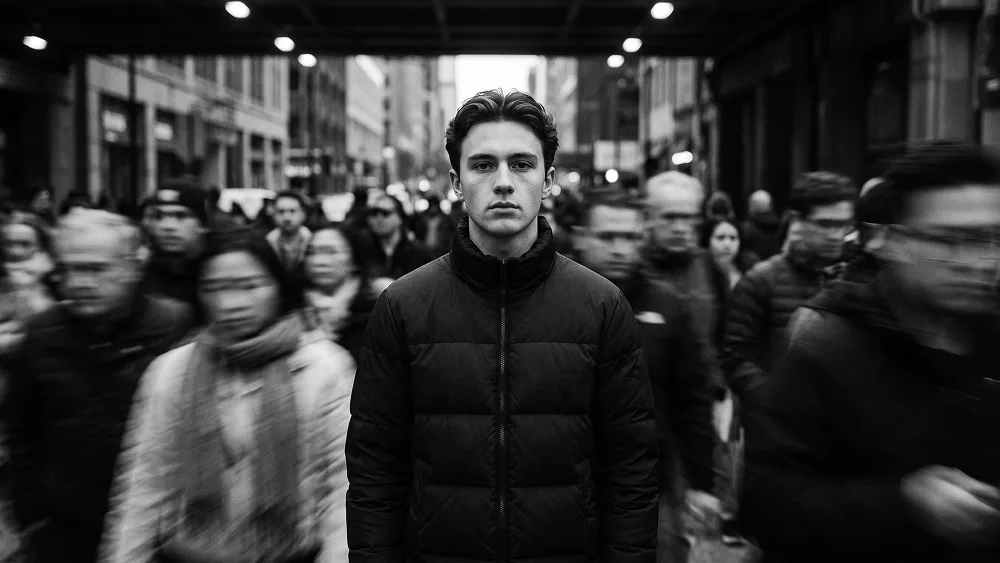 Still Subject Moving Crowd Cinematic Portrait Prompt - Gemini Prompt