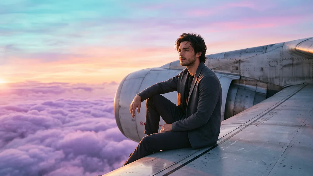 Prompt Ritratto Surreale su Ala di Aereo al Tramonto - Nano Banana 2 Prompt
