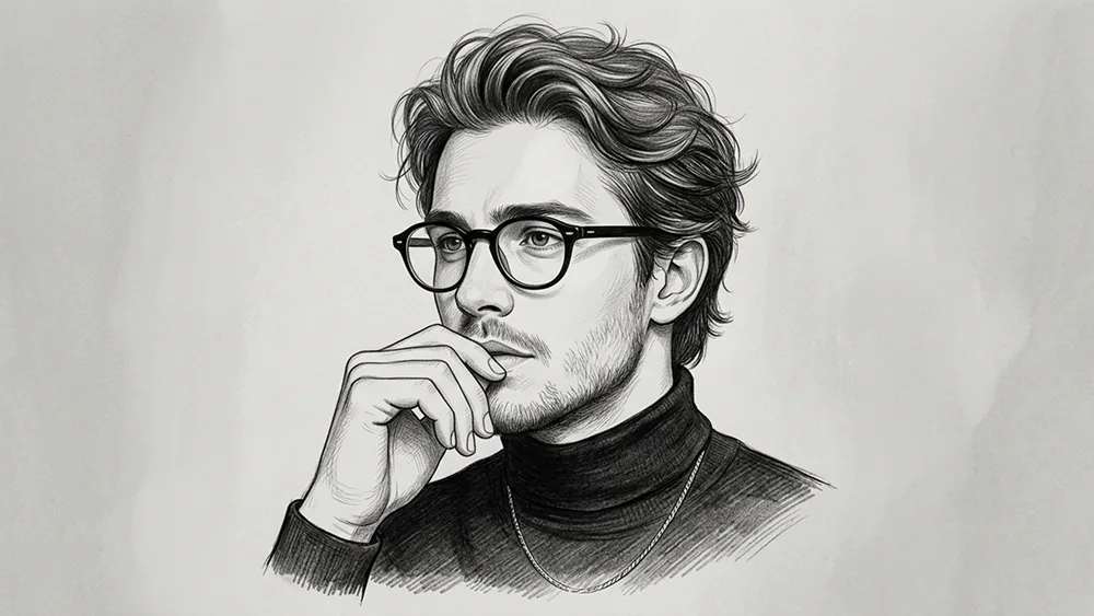 Nachdenkliches Brillen Bleistift-Tusche Porträt Prompt - Gemini Prompt